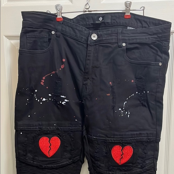 Black Distressed Men's Shorts with Red Heart Patch - Picture 1 of 5